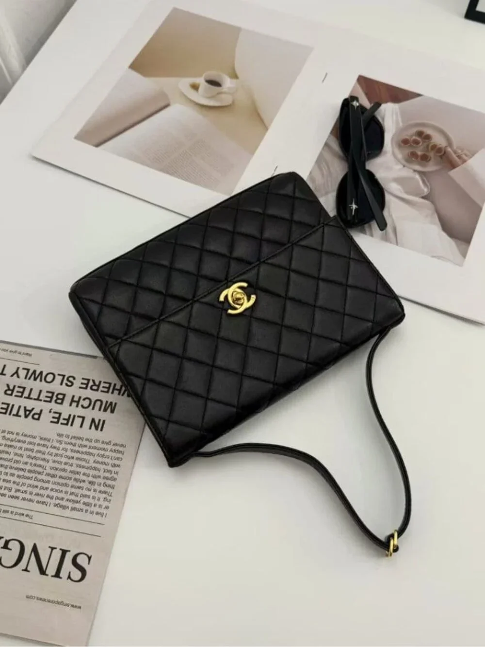 Chanel Quilted 25 Shoulder Bag Black Gold